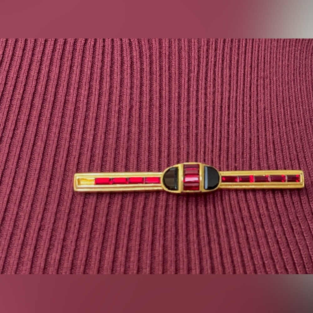 Vintage Signed DIVA Gold Tone Bar Brooch Pin Red Black Rhinestones RARE!